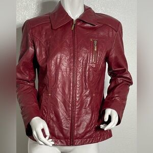 Chico's Red 💯Leather Jacket Smooth Finish Classic Collar